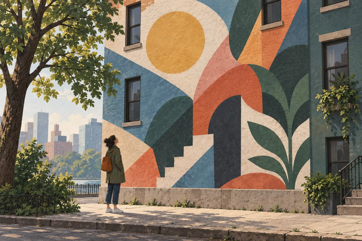 Ilustracja osoby oglądającej kolorowy mural w kontekście budynku i ulicy